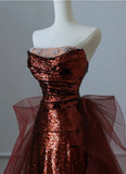 Mermaid Burgundy Mermaid Sequins Tulle Strapless Prom Dress Inspiration Prom Dresses HZ0311