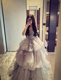 Classy Ball Gown Silver Beaded Gray Tulle Prom Dress Aesthetic For Teens Formal Dress Party Outfits Prom Gowns HZ0311