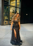 Sexy Mermaid Strapless Sequins Slit Side Black Long Prom Dresses Party Outfits Prom Gown HZ0311