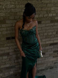 Classy Prom Dresses Impress Outfit Mermaid Strapless Dark Green Slit Long Semi Formal Party Dress For Teens High Schools HZ0311