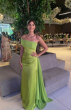 Simple Sheath One Shoulder Satin Sleeveless Green Long Prom Dresses Wedding Guest Dress Classy Prom Gowns HZ0311