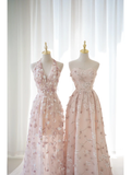 Cute A line Halter Floral Tulle Pink Long Prom Dresses Impress 19th Birthday Outfits Prom Gown HZ0311