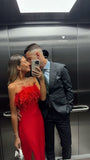 Graceful Sheath Strapless Red Feathers Sleeveless Slit Prom Dress Formal Evening Dress Party Gowns HZ0311