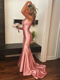 V Neck Pink Satin Mermaid Sleeveless Long Prom Dress For Women HZ0311