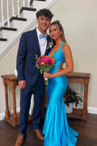 V-neck Blue Open Back Ruched Mermaid Long Party Dress Cheap Custom Prom Dress HZ0311
