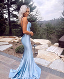 Sexy Mermaid Sky Blue Satin Spaghetti Straps Long Evening Prom Dresses, Cheap Custom Prom Dress HZ0311