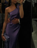 One Shoulder Purple Satin Mermaid Long Evening Prom Dresses HZ0311