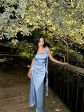 Blue Satin Party Dress Mermaid Square Neck Long Sexy Prom Dresses Evening Dress HZ0311
