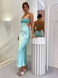 Spaghetti Straps Sheath Aqua Blue Prom Dress Formal Satin Party Dress HZ0311