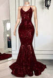 Sequined Mermaid Evening Gown Floor-Length Lace-Up Back Dark Red Burgundy Sequins Prom Dress HZ0311