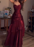 Elegant Mermaid Spaghetti Straps Burgundy Chiffon Long Prom Dress Formal Evening Dresses HZ0311