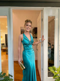 V-neck Turquoise Back Tie Sheath Long Prom Dresses Formal Party Dress Prom Gown HZ0311
