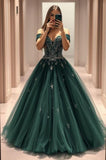 Modest Ball Gown Off The Shoulder Emerald Green Tulle Prom Dresses Long Sweet 16 Birthday Party Dress Evening Dresses HZ0311