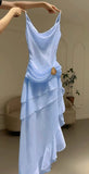 Modest Mermaid Spaghetti Strap Ivory Chiffon Party Dress Pleated Prom Dresses HZ0311