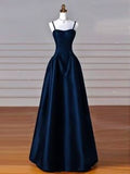 Classy Simple A-Line Dark Blue Satin Long Prom Dress, Dark Blue Long Formal Dress HZ0311