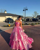 Princess Ball Gown Strapless Hot Pink Prom Dress With Layers Slit Prom Gown HZ0311