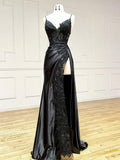 Classy Spaghetti Straps Mermaid Wine Red V Neck Satin Lace Long Prom Dresses Formal Dress HZ0311
