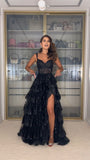 Modest Ball Gown Straps Navy Blue Lace Prom Dresses Long for Women Ruffle Formal Evening Gown HZ0311