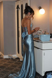 Modest Mermaid Strapless Blue Satin Prom Dresses Inspiration Long Party Night Evening Dress 20th Birthday Outfits HZ0311