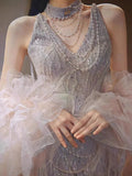 Glittery Sheath V Neck Sleeveless With Cape Tulle Slit Prom Dresses Inspiration Long Night Outfits 18th Birthday Outfits HZ0311