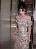 Glittery Sheath Off The Shoulder With Sleeves Sequins Prom Dresses Inspiration Long Night Outfits 18th Birthday Outfits HZ0311