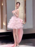 Cute Ball Gown Strapless Pink Tulle Short 16th Birthday Dress Homecoming Dresses Cocktail Gown HZ0311