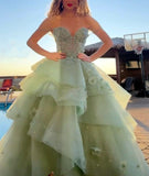 Elegant Ball Gown Spaghetti Straps Sage Green Lace Long Tulle Prom Dresses Vestidos De Dia HZ0311