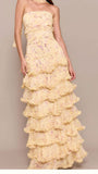 Classy Sheath Strapless Yellow Chiffon Floral Long Prom Dresses Party Dress 18th Birthday Outfits Graduation Dress HZ0311