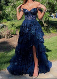 Sexy Ball Gown Off The Shoulder Lace Slit For Black People Girls Prom Dresses Sequin Long Formal Evening Party Gowns HZ0311