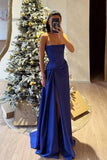 Gorgeous A line Strapless Sleeveless Royal Blue Slit Satin Long Prom Dresses HZ0311