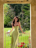 Simple A line Spaghetti Straps Satin Vestido De Desta Verde Green Prom Dresses Wedding Guest Dress HZ0311