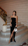 Elegant Mid Length Black Sheath Strapless Sleeveless Velvet Slit Prom Dresses 18th Birthday Outfits HZ0311