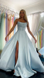 Simple A line Strapless Blue Satin With Split Inspo Formal Party Gowns Long Prom Dresses HZ0311
