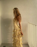 Classy Sheath Strapless Yellow Chiffon Floral Long Prom Dresses Party Dress 18th Birthday Outfits Graduation Dress HZ0311