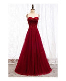 Straps Dark Red Beaded Sweetheart Long Formal Dress, Junior Prom Dress HZ0311