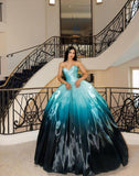 Unique Ball Gown Sweetheart Blue And Black Organza Long Quinceanera Dresses Sweet 15 16 Birthday Gown HZ0311