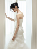 Vintage Mermaid Strapless Sleeveless White Fitted Pleated Long Wedding Dress Bride Gown Wedding Dresses HZ0311