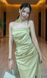 Simple Mermaid Strapless Sage Green Satin With Ruffles Long Prom Dresses Impress 18th Birthday Outfits Party Gown HZ0311