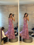 Elegant A Line Spaghetti Straps Floral Pink Long Chiffon Prom Dresses Vestidos De Dia HZ0311