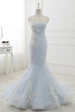Baby Blue Sweep Train Lace Mermaid Evening Dresses, Formal Dress With Applique HZ0427