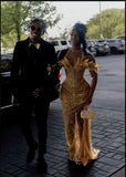Modest Mermaid Scoop Gold Sequin Prom Dresses for Women Evening Party Gown Formal Gown 18th Birthday Gowns HZ0311