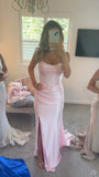 Spaghetti Straps Pink Mermaid Slit Pleated Long Formal Party Dress For Teens Prom Dresses HZ0311