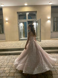 Spaghetti Straps Pink Sheer Sequins A line Long Dress For Teens Prom Dresses HZ0311