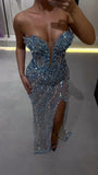 Gorgeous Mermaid Sweetheart Blue Slit Sequins Beaded Bodice Prom Dresses Long Formal Party Gown HZ0311