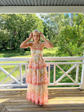 Elegant Spaghetti Straps Floral Print Ruffles Long Prom Dress Party Gowns HZ0311