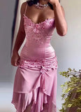 Vintage Mermaid Spaghetti Strap Pink Ruffles Long Prom Dresses For High School People Girls Formal Evening Party Gown HZ0311
