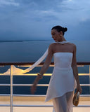 White Strapless Satin Chiffon Split Holiday Summer Prom Dress 18th Birthday Outfits HZ0311