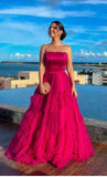 Simple A Line Strapless Tulle Fuchsia Sleeveless Long Prom Dresses Classy Prom Gowns HZ0311
