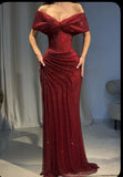 Modest Mermaid Off The Shoulder Red Senior Prom Dresses Long Formal Party Gown HZ0311