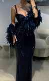 Sexy Mermaid Spaghetti Strap Sequins Navy Blue Long Prom Dresses Party Dress 19th Birthday Outfits Graduation Gown HZ0311